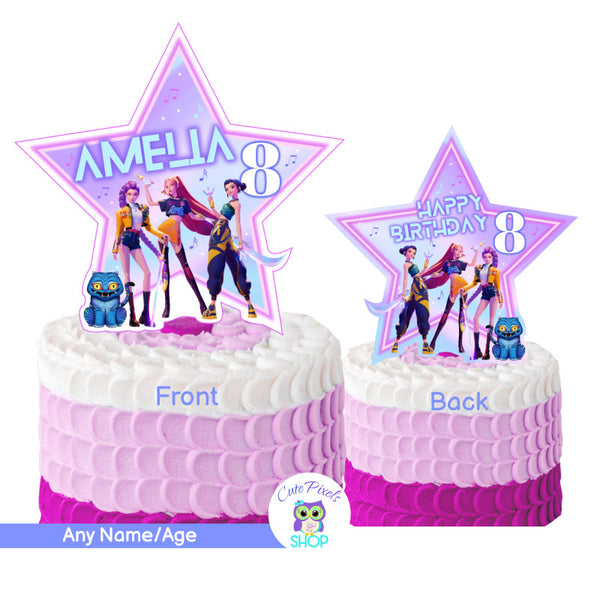 K-Pop Demon Hunters Cake Topper with a Mira, Rumi, Zoey and Derpy. Pastel Colors
