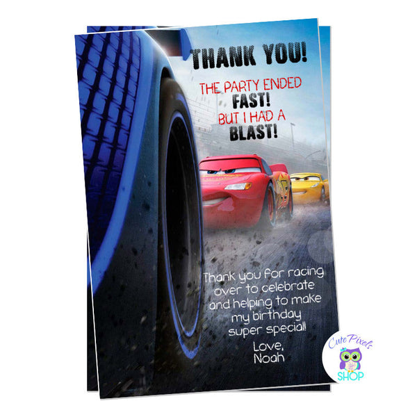 Disney Cars Birthday Thank You Card, Lightning McQueen card for a racing birthday party with McQueen racing