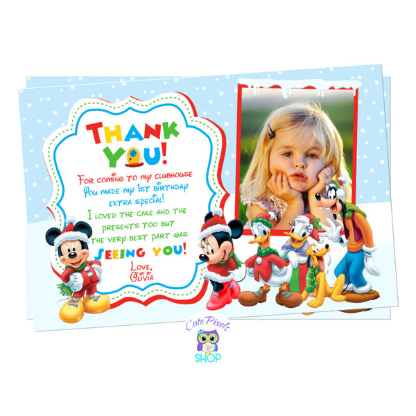 Christmas Thank You Card. Mickey Mouse Clubhouse Christmas card in a Snow background with Mickey Mouse and Clubhouse friends. Includes child's Photo