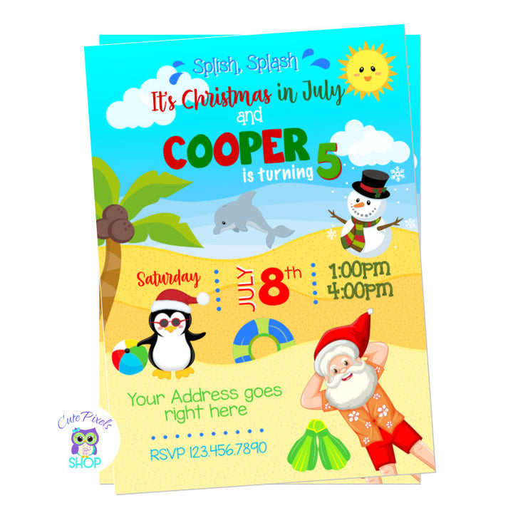 Christmas in July invitation with Santa Claus, a snowman and a penguin at the beach in a summer day. perfect to celebrate summer and Christmas together. Blue design
