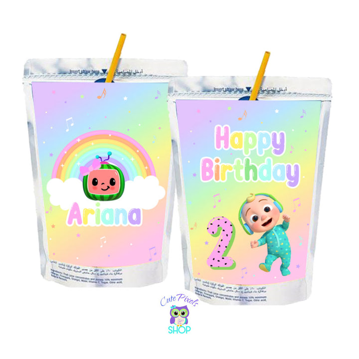 Cocomelon Capri Sun labels in Rainbow Pastel colors. Perfect for a cute Cocomelon Birthday Party