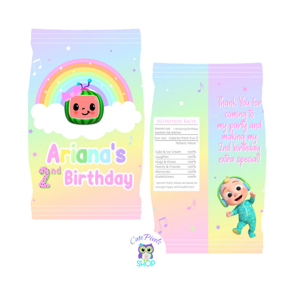 Cocomelon chip bags in rainbow pastel colors. Use a goodie treats fro your Cocomelon Birthday Party