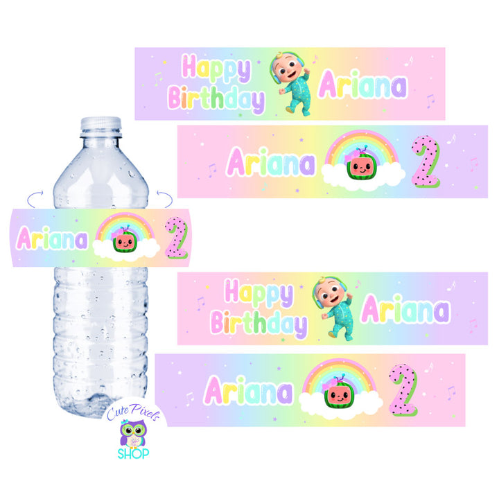 Cocomelon Water Bottle labels in Rainbow Pastel colors. Perfect for a cute Cocomelon Birthday Party