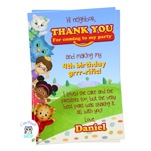 Daniel Tiger's Neighborhood thank you card, featuring all Daniel Tiger friends and a lovely thank you message to send after your party!