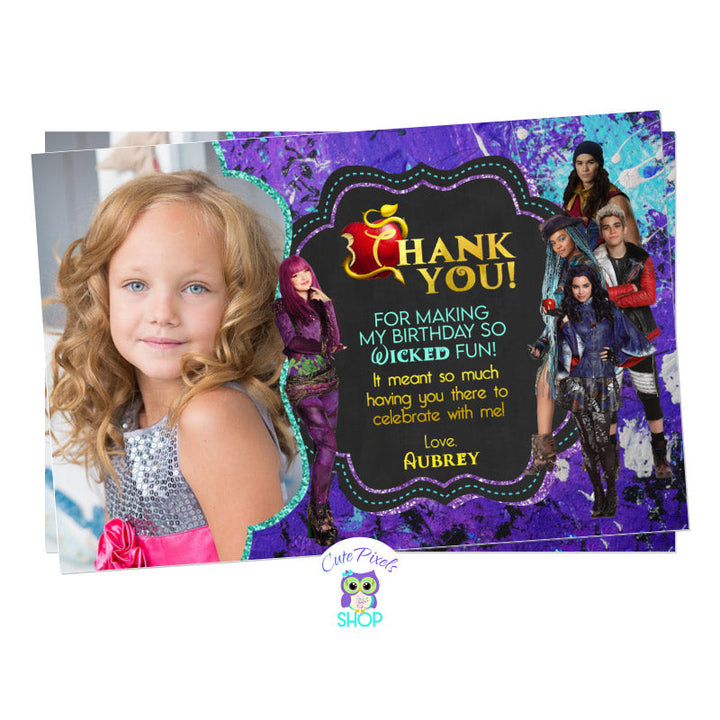 Descendants thank you card from Descendants 2 movie with Mel, Evie, Carlos, Jay and Uma. Purple and teal grunge background.. Includes child's photo