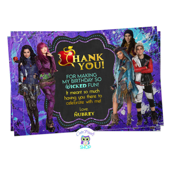 Descendants thank you card from Descendants 2 movie with Mel, Evie, Carlos, Jay and Uma. Purple and teal grunge background.