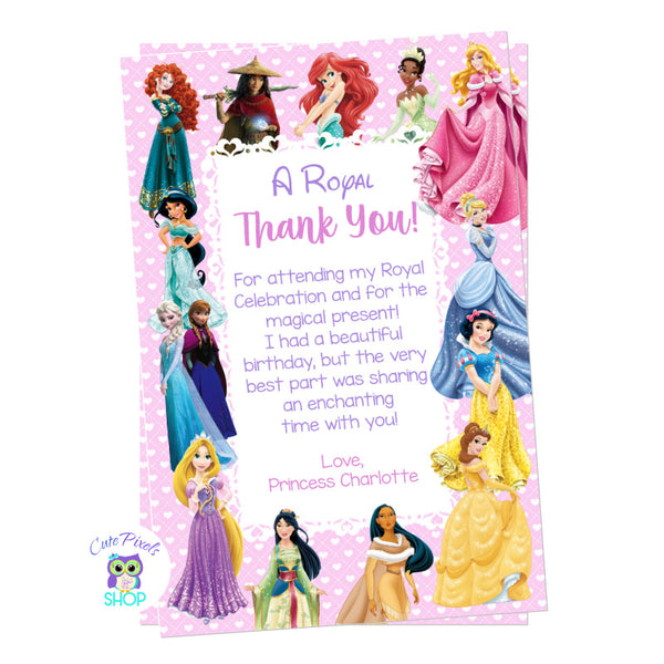 Thank you card with all Disney Princess around in a pink background.