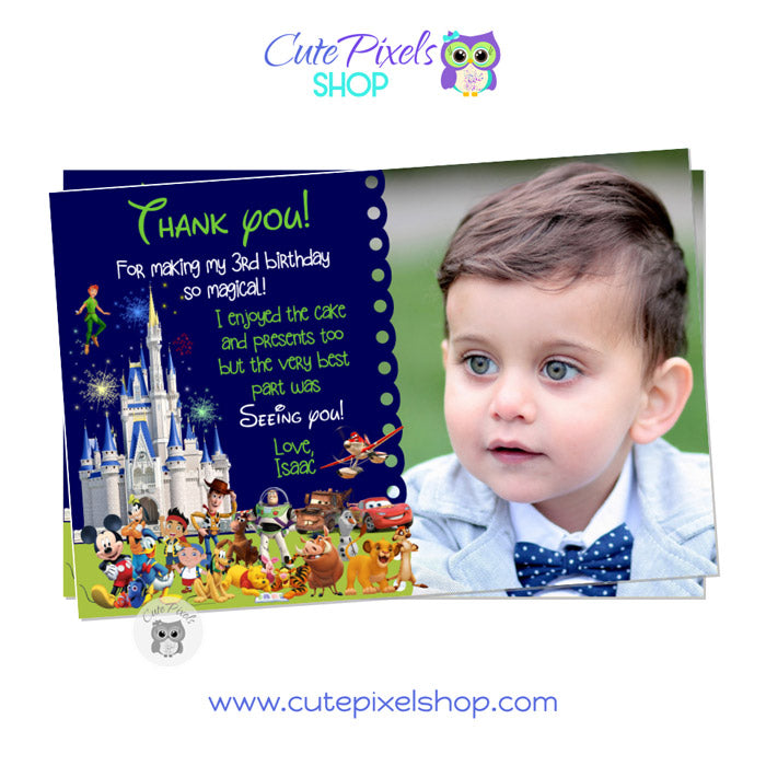 Disney Castle Thank You Card for boy with all Disney Characters, card with Child's Photo