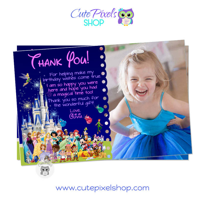 Disney Castle Invitation for Girl with all Disney characters, Card with Photo