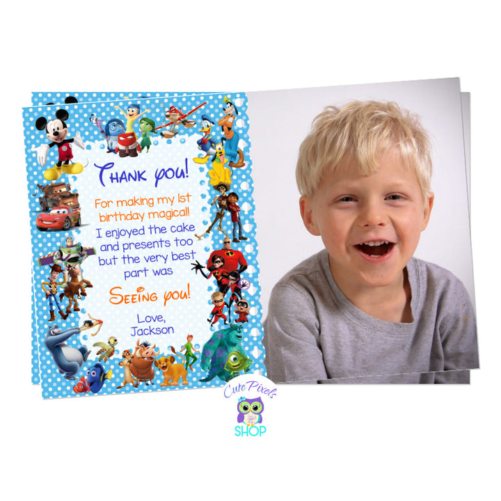 Disney Characters Thank You Card for Boy in blue, Disney Characters around Card. Includes child's photo