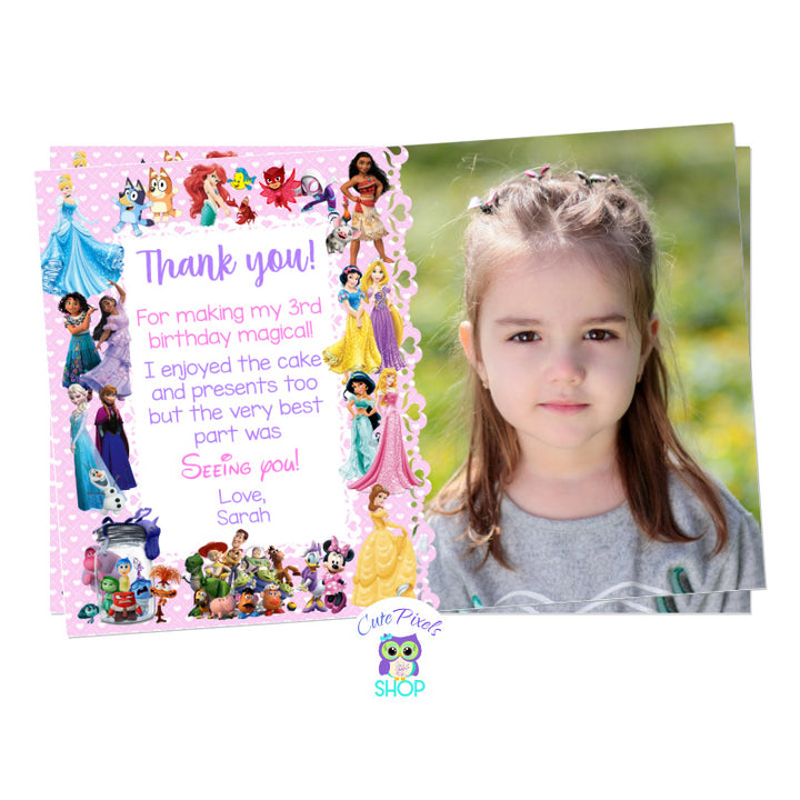 Disney characters thank you card with a pink background and lots of Disney characters that little girls love.