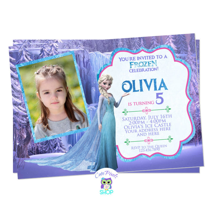 Disney Frozen Birthday Invitation. Elsa invitation with a cute purple background from the Disney Frozen movie, queen Elsa and cute pink and purple text. Includes your child's photo. 