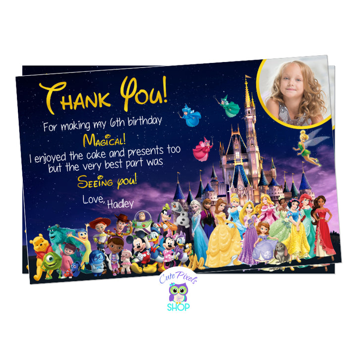 Disney Thank You Card with the Disney castle and multiple Disney characters for a cute Disney Birthday Party. Disney card has the Disney castle on the back with many Disney characters in front like Disney Princess, Mickey Mouse and Friends, Toy Story, Doc McStuffins, Monsters, Winnie Pooh, Nemo, and Inside out. Includes child's photo