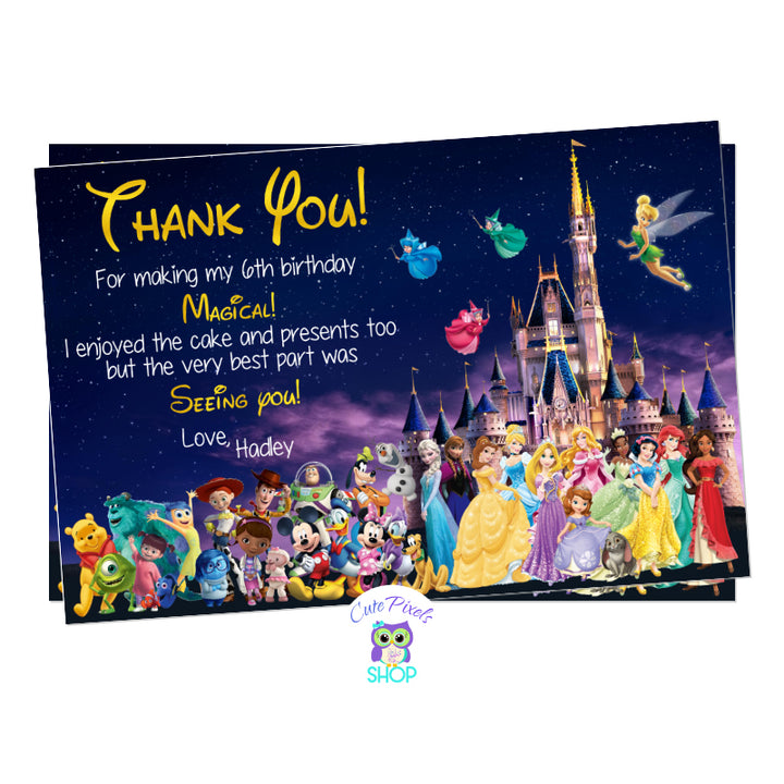 Disney Thank You Card with the Disney castle and multiple Disney characters for a cute Disney Birthday Party. Disney card has the Disney castle on the back with many Disney characters in front like Disney Princess, Mickey Mouse and Friends, Toy Story, Doc McStuffins, Monsters, Winnie Pooh, Nemo, and Inside out.