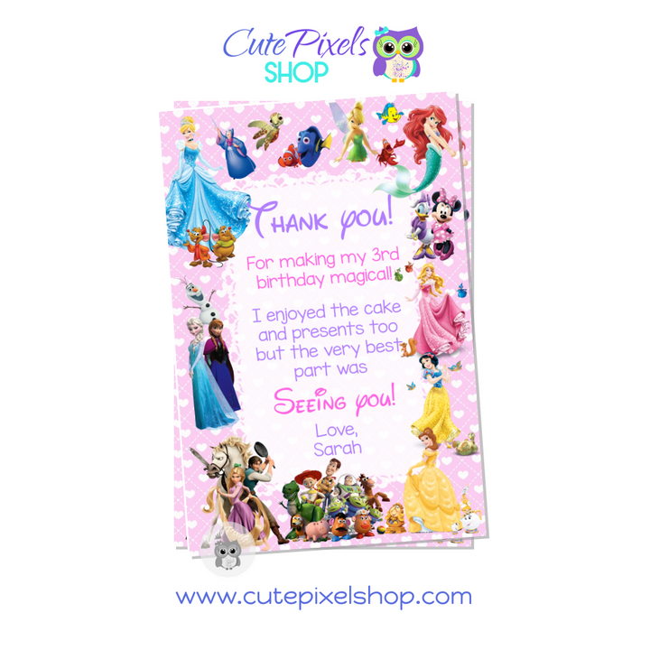 Disney Characters Thank you card with many Disney Characters for girl, Pink Background