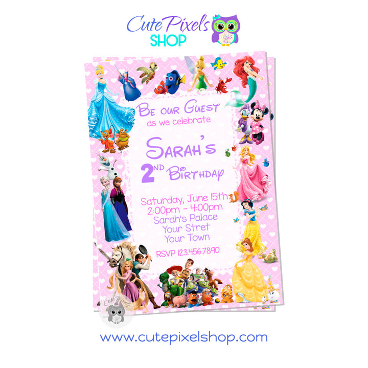 Disney characters invitation with multiple Disney Characters for girl for a perfect Disney Birthday Party.