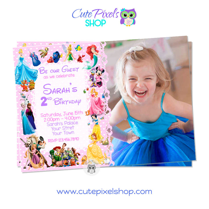 Disney characters invitation with multiple Disney Characters for girl for a perfect Disney Birthday Party. Includes child's photo