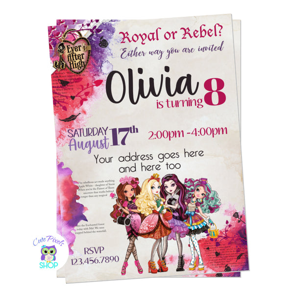 Ever After High invitation with the Ever After High Dolls.