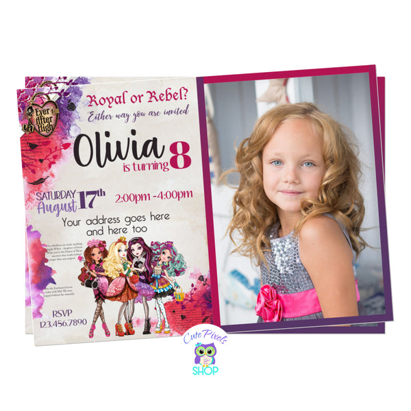 Ever After High invitation with the Ever After High Dolls. Includes child's photo
