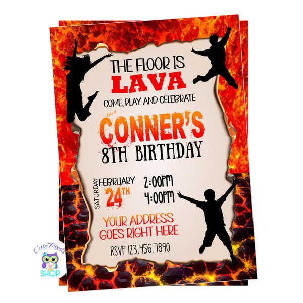 Floor is Lava invitation, perfect for a jumping party like the Netflix show, full of fun, fire and lava all around.