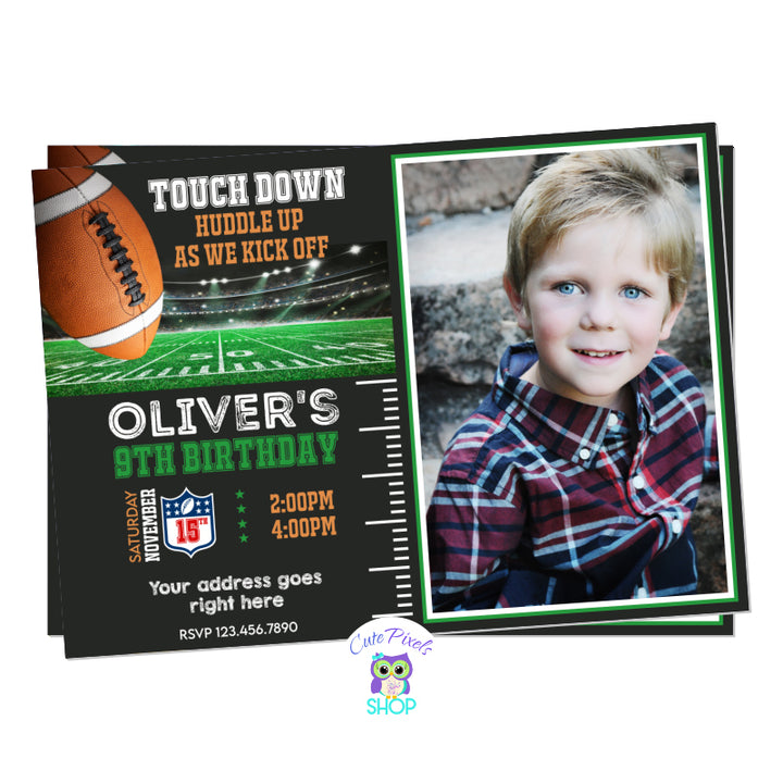 Football Invitation with a Football ball and field. Perfect for an American Football fan. Includes child's photo