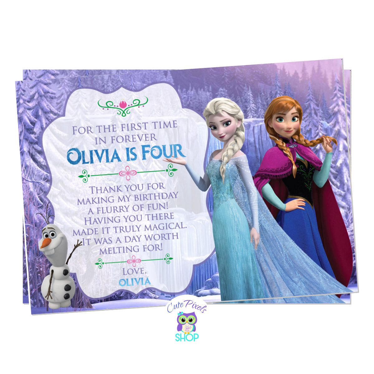 Frozen Thank You Card - Elsa Anna and Olaf Birthday Note – Cute Pixels Shop