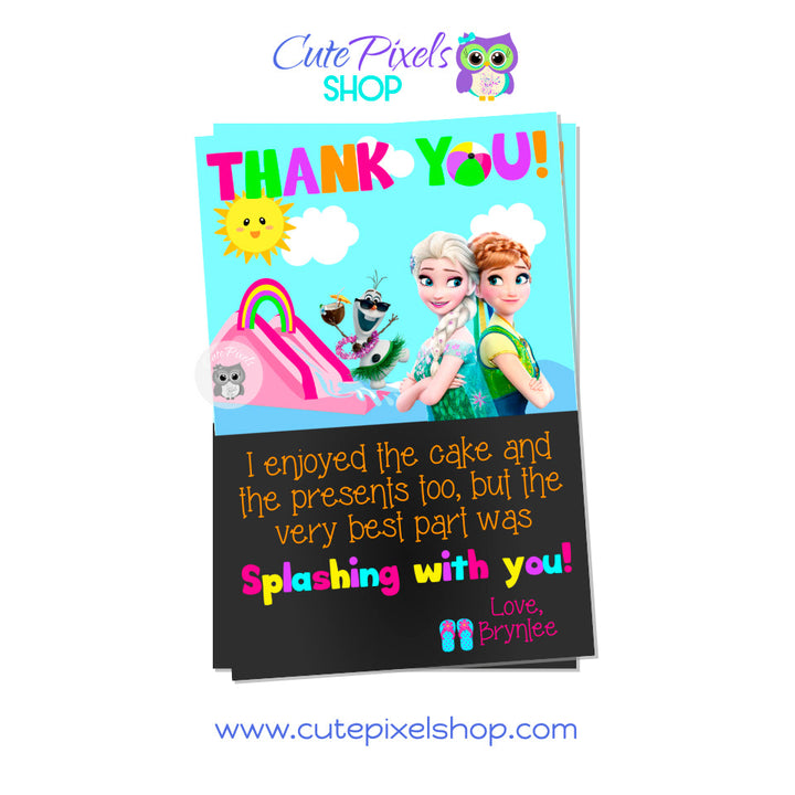 Frozen Thank you card for a Pool party or Summer Birthday with Elsa, Anna and Olaf.