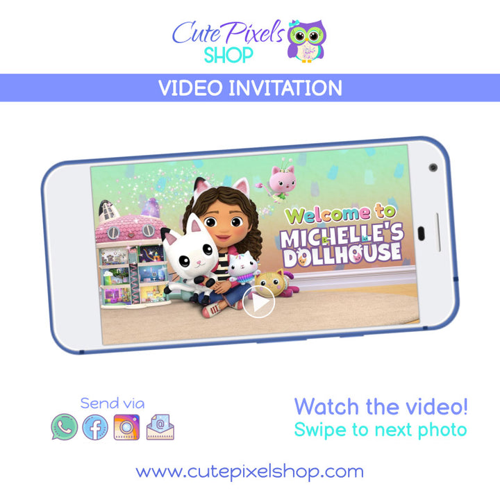 Gabby's Dollhouse Video invitation. Video with Gabby and all  her dollhouse friends and cats as an invitation to a birthday party 