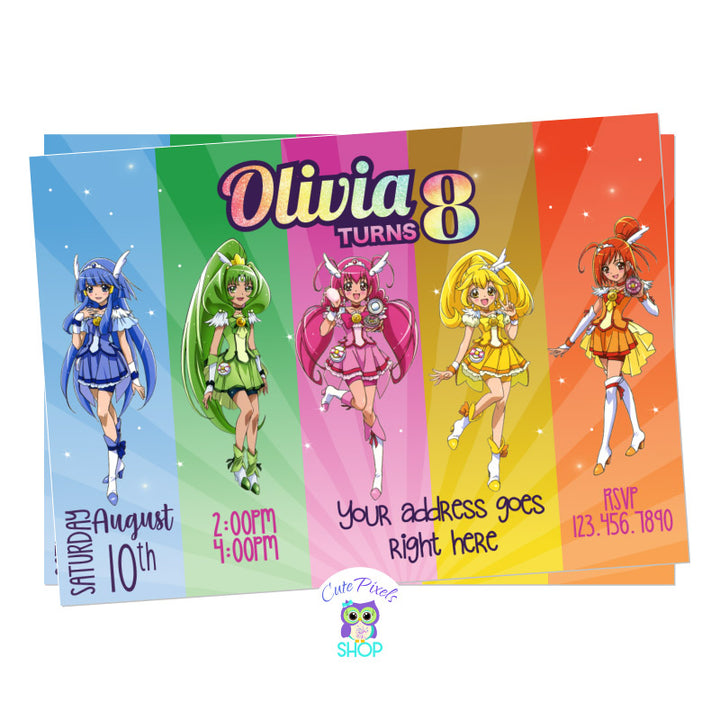 Glitter Force invitation with all Glitter Force Doki Doki dolls
