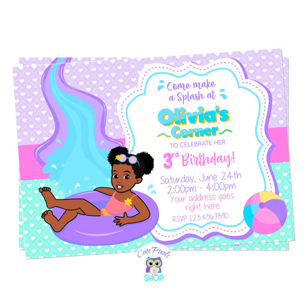 Gracie's corner birthday invitation for a pool party with Gracie wearing a swimsuit, sun glasses and beach ball. Perfect for a Summer Birthday Party Gracie's Corner logo