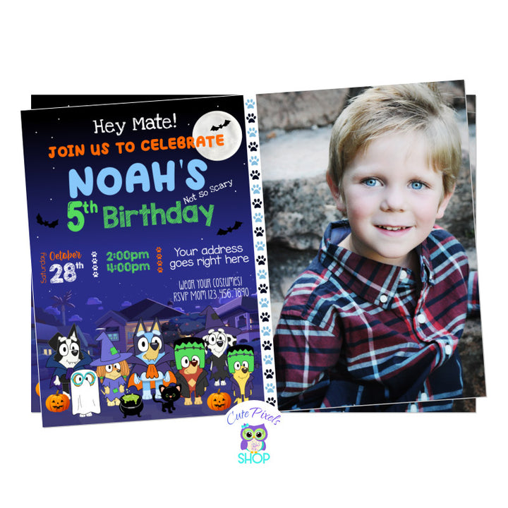 Bluey Halloween Birthday Invitation with Bluey and all his dog friends wearing their costumes for a Halloween party! Includes child's photo