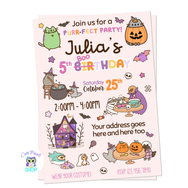 Pusheen Halloween Invitation with Lots of cute Pusheen and friends for Halloween