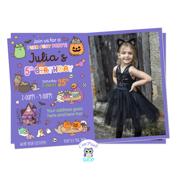 Halloween-themed birthday party invitation with Pusheen Cat and child's Photo.