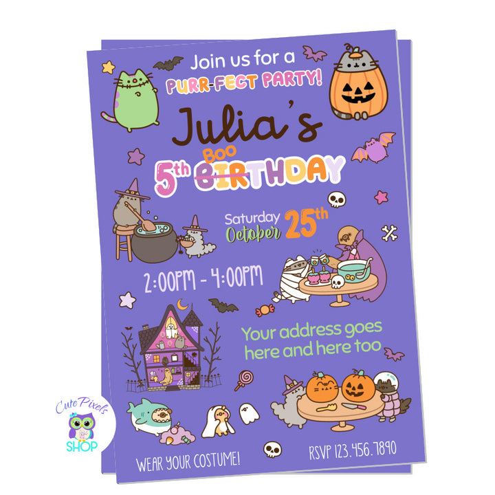 Halloween-themed birthday party invitation with Pusheen The Cat a nd a purple background