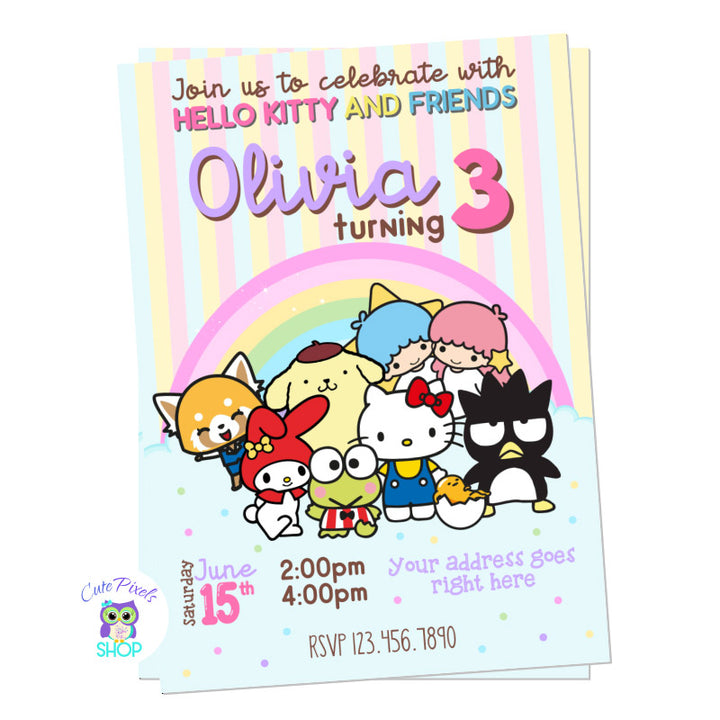 Hello Kitty and Friends invitation Perfect fo a Hello Kitty fan, including many Hello Kitty friends and a rainbow