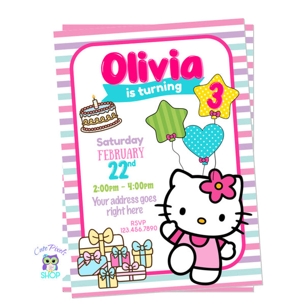 Hello Kitty Invitation with Hello Kitty on pink, cake, gifts and cute colors, perfect for a Hello Kitty fan.