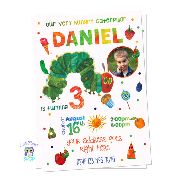 Very hungry Caterpillar invitation with lots of colors, the caterpillar, fruits and food. Red Design including child's Photo