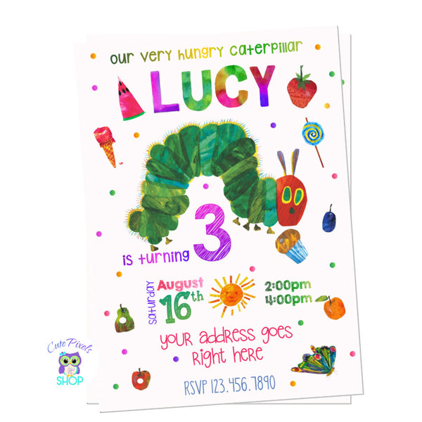 Very hungry Caterpillar invitation with lots of colors, the caterpillar, fruits and food. Pink Design