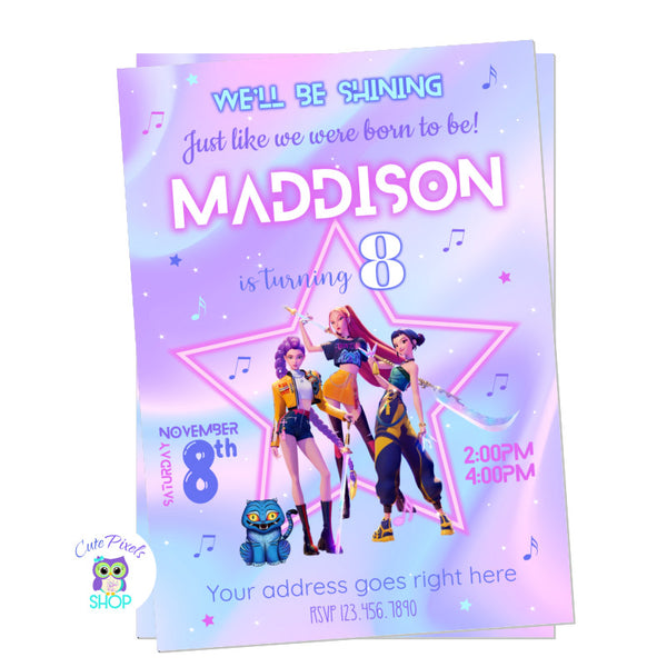 K-Pop Demon Hunter invitation in a purple, pink and teal pastel background including Rumi, Mira, Zoey & Derpy