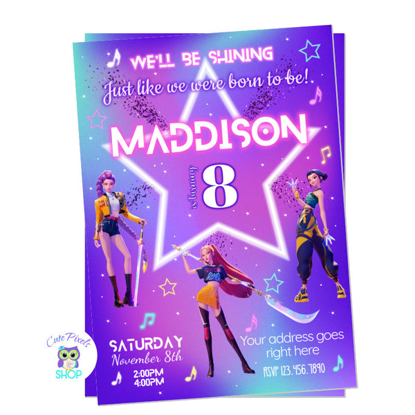 K-Pop Demon Hunter invitation in a purple, pink and teal background including Rumi, Mira & Zoey