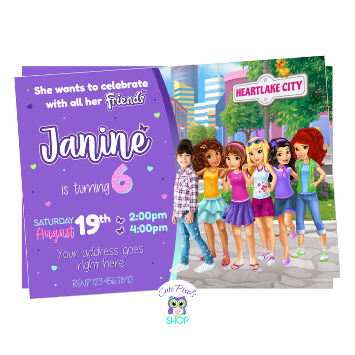 Lego Freinds invitation for a Lego Birthday party with the Lego friends characters in the Lego city. Includes child's photo