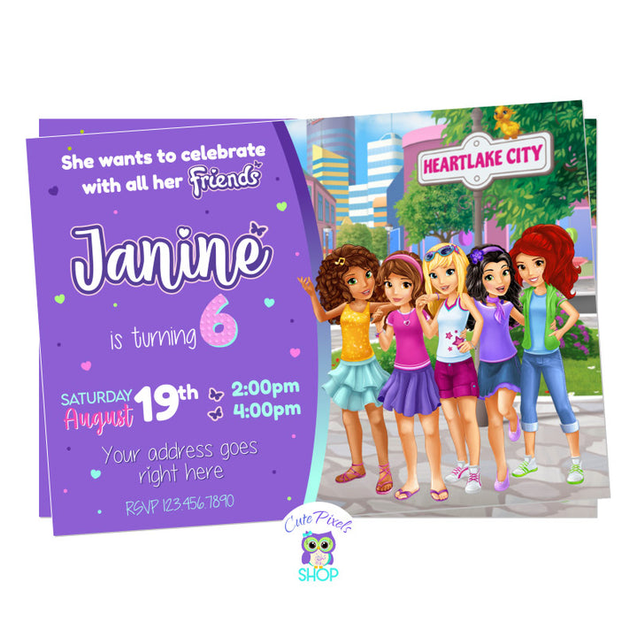Lego Freinds invitation for a Lego Birthday party with the Lego friends characters in the Lego city.