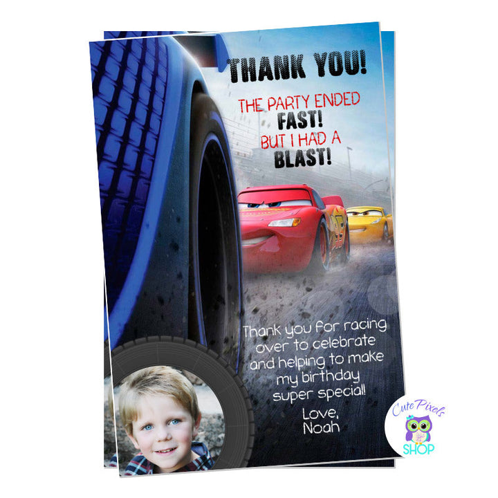 Disney Cars Birthday Thank You Card, Lightning McQueen card for a racing birthday party with McQueen racing. Includes Child's Photo