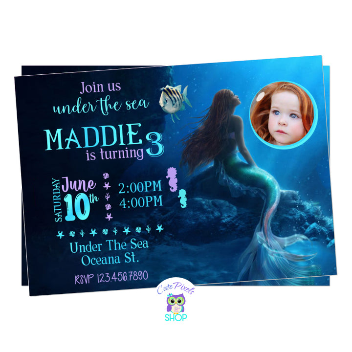 The Little Mermaid invitation with the new movie in person. Having Princess Ariel and Flounder under the sea. Includes child's photo