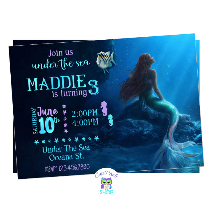 The Little Mermaid invitation with the new movie in person. Having Princess Ariel and Flounder under the sea.