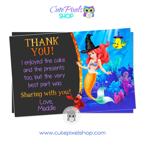 Little Mermaid Halloween Thank You card with the Little mermaid in a Halloween costume and a cute witch hat