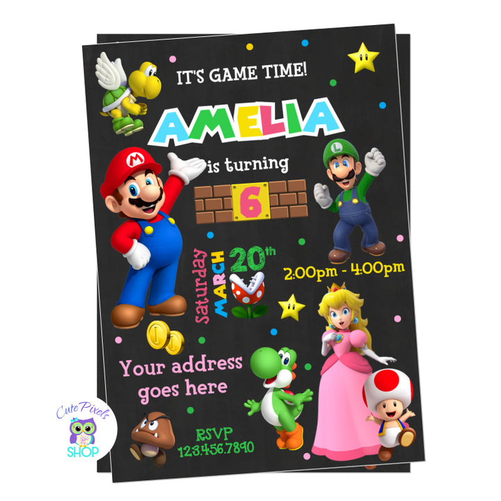 Super Mario Bros Birthday Invitation for girl, with all Mario Bros favorite characters and girl colors perfect for a gamer birthday party