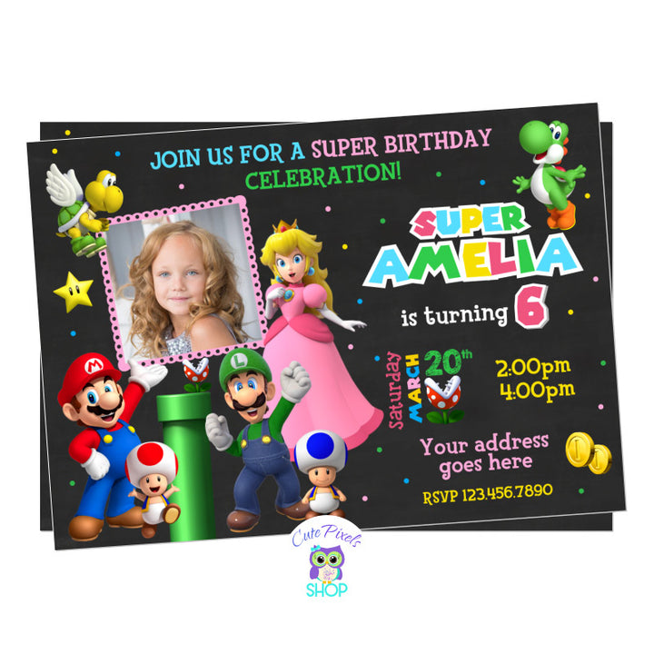 Super Mario Bros Birthday Invitation for a Super Game Birthday Party! Including Super Mario, Luigi, Toad and Yoshi ready to game and celebrate. Pink design