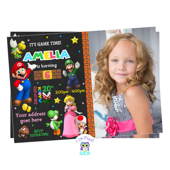 Super Mario Bros Birthday Invitation for girl, with all Mario Bros favorite characters and girl colors perfect for a gamer birthday party. Includes Child's photo