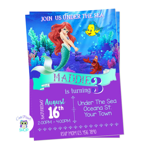 The Little Mermaid invitation with Ariel as mermaid, Sebastian and Flounder on a Sea background and a purple bottom, perfect for a Little Mermaid Birthday